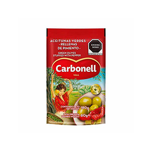 Aceitunas verdes rellenas con pasta de pimiento Carbonell bolsa 180g