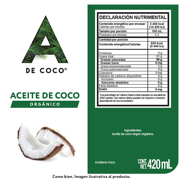 Aceite de coco orgánico extravirgen A de Coco 420ml         - 2