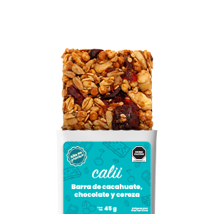 Barra de cacahuate, chocolate de leche y cereza alta en proteína Calii 45g