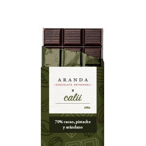 Chocolate artesanal 70% cacao pistache y arándano Calii 105g