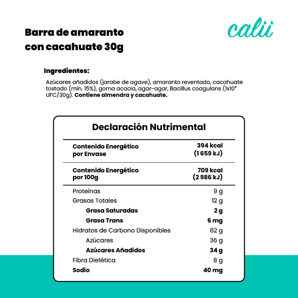 Barra de amaranto con cacahuate Calii 30g  - 2
