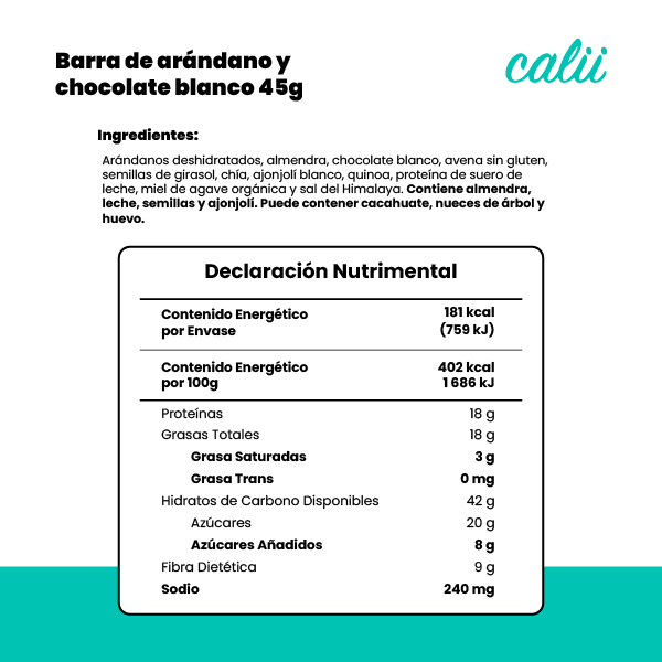 Barra de arándano y chocolate blanco alta en proteína Calii 45g - 2