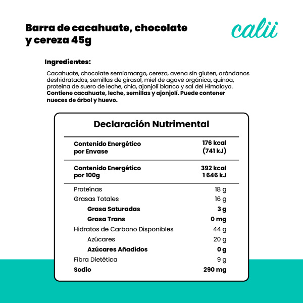 Barra de cacahuate, chocolate de leche y cereza alta en proteína Calii 45g - 2