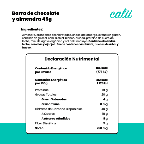 Barra de chocolate oscuro y almendra alta en proteína Calii 45g - 2