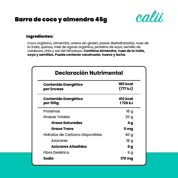 Barra de coco y almendra alta en proteína Calii 45g - 2