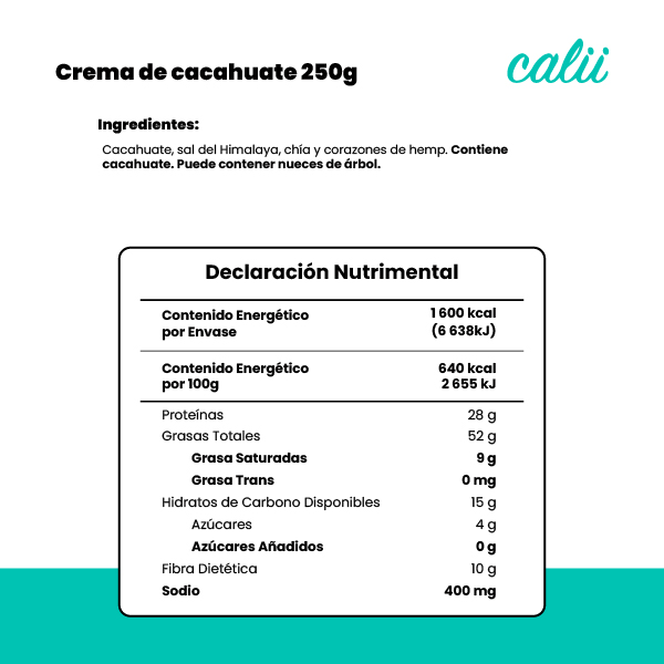 Crema de cacahuate con chía, hemp y sal del Himalaya Calii 250g - 2