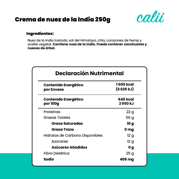 Crema de nuez de la india con chía, hemp y sal del Himalaya Calii 250g - 2