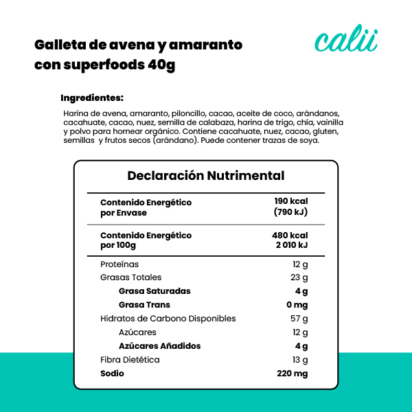 Galleta de avena y amaranto con superfoods Calii 40g - 2