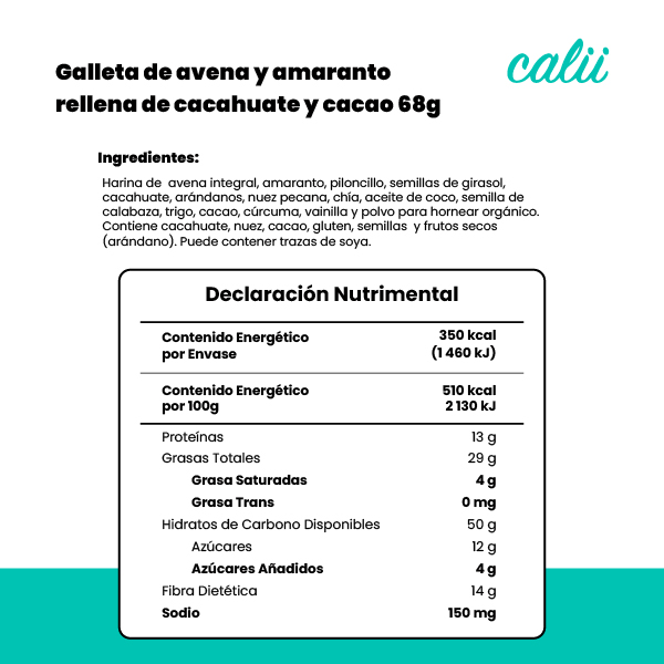 Galleta de avena y amaranto rellena de cacahuate y cacao Calii 40g - 2