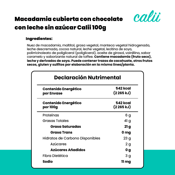 Macadamia con chocolate con leche sin azúcar Calii 100g - 2