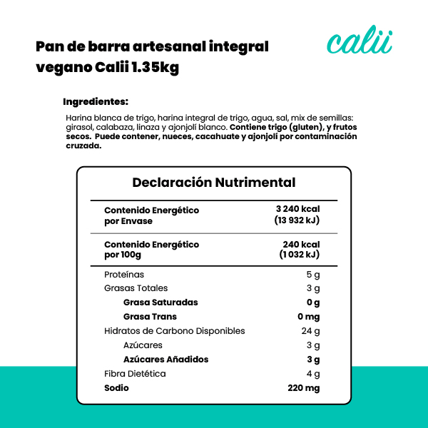 Pan de barra artesanal integral vegano Calii 1.35kg - 2