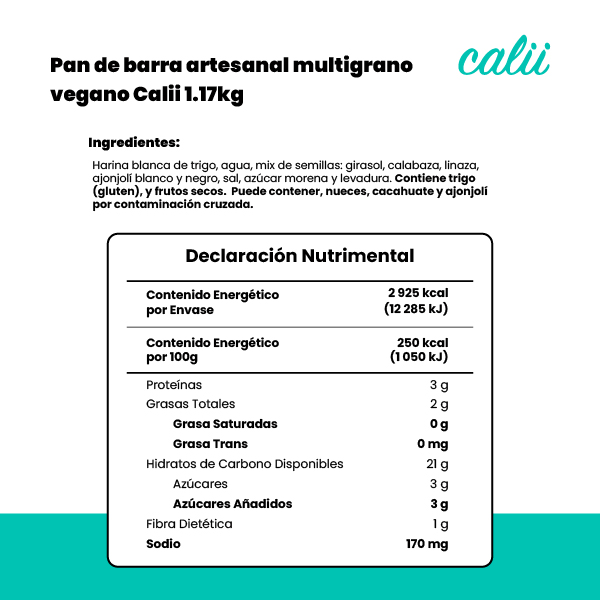 Pan de barra artesanal multigrano vegano Calii 1.17kg - 2