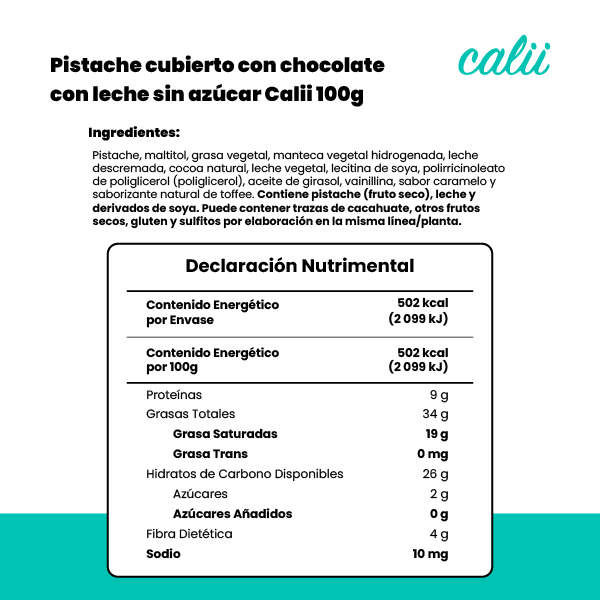 Pistache con chocolate con leche sin azúcar Calii 100g - 2