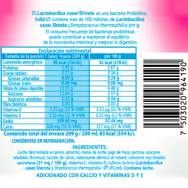 Alimento lácteo bebible sin azúcar sabor fresa Sofúl LT Yakult 209g - 2