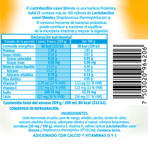 Alimento lácteo bebible sin azúcar sabor mango Sofúl LT Yakult 209g - 2