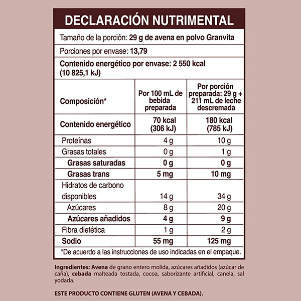 Avena en polvo sabor chocolate Granvita 400g - 2