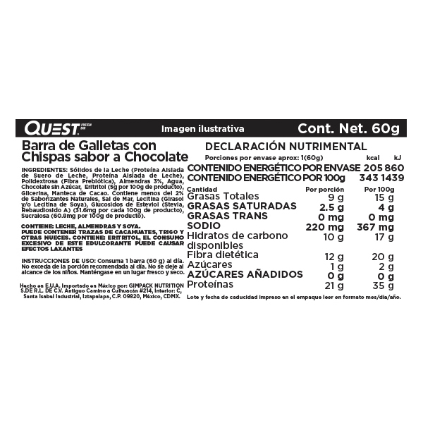 Barra de proteína chispas de chocolate Quest 60g - 2