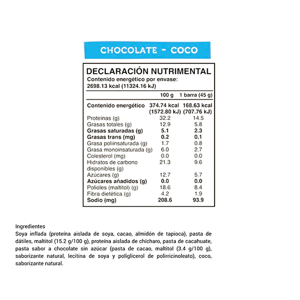 Barra de proteína vegana chocolate coco sin azúcar añadida Wild Foods 45g - 2
