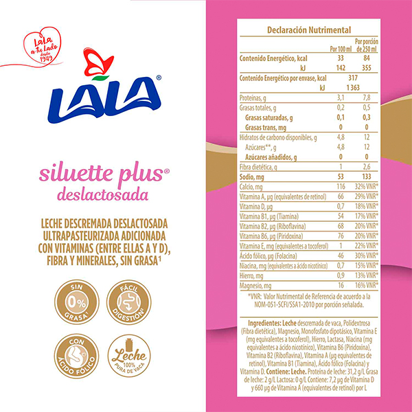 Leche deslactosada 0% grasa siluette plus LALA 960ml - 2