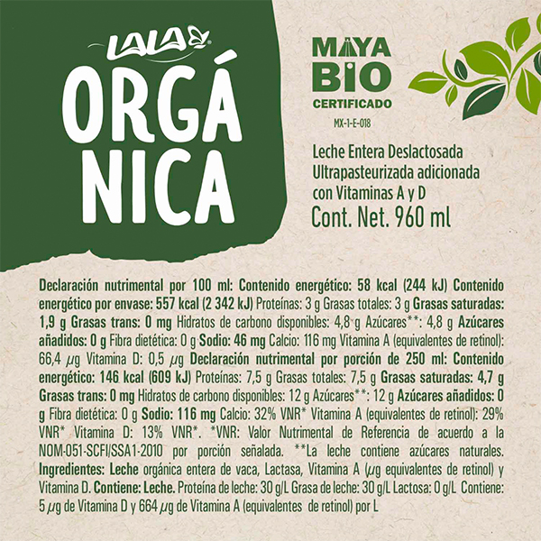 Leche deslactosada orgánica LALA 960ml - 2