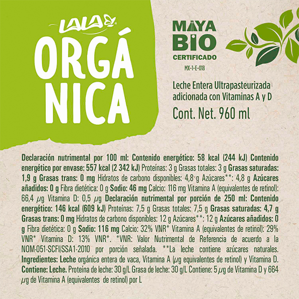 Leche entera orgánica LALA 960ml - 2
