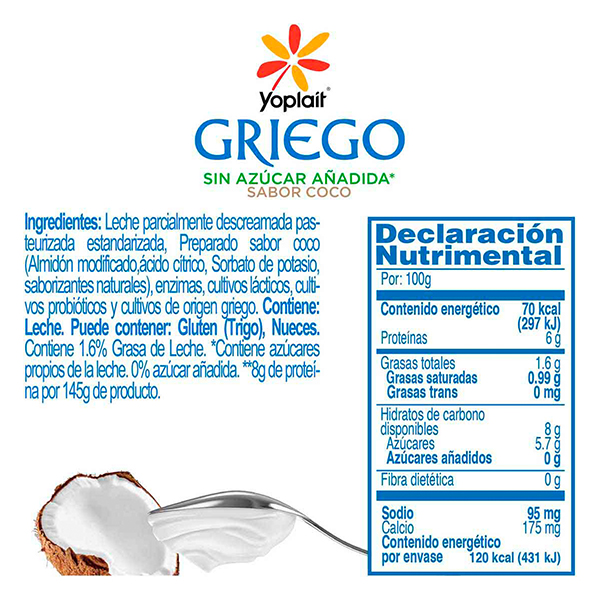 Yoghurt griego batido sin azúcar coco Yoplait 145g - 2