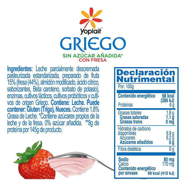 Yoghurt griego batido sin azúcar fresa Yoplait 145g - 2