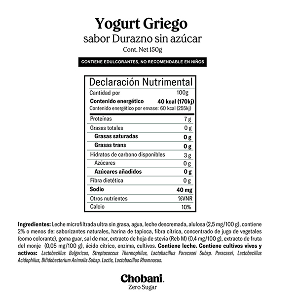 Yoghurt griego durazno 0% azúcar Chobani 150g - 2