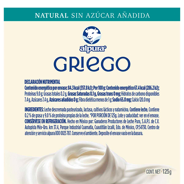 Yoghurt griego natural deslactosado sin azúcar sin grasa Alpura 125g - 2