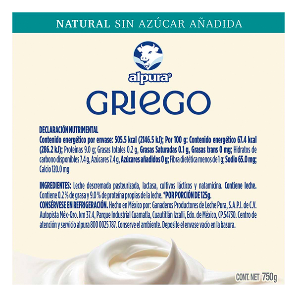 Yoghurt griego natural deslactosado sin azúcar sin grasa Alpura 750g - 2