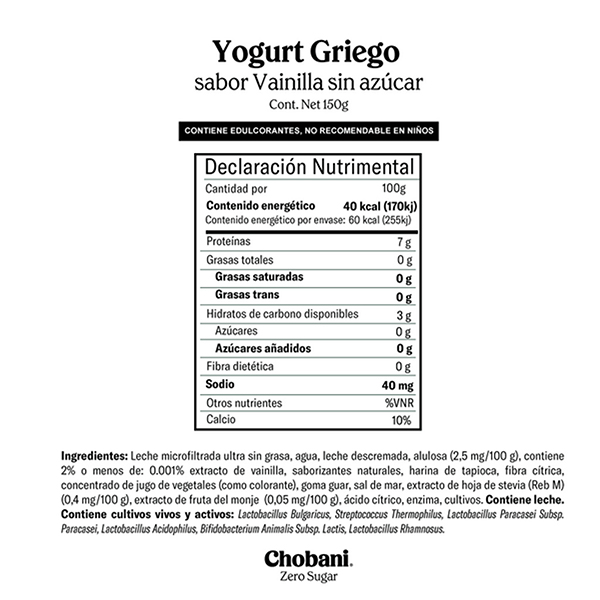 Yoghurt griego vainilla 0% azúcar Chobani 150g - 2