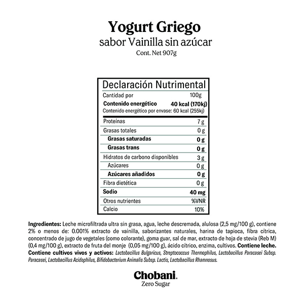 Yoghurt griego vainilla sin azúcar Chobani 907g - 2