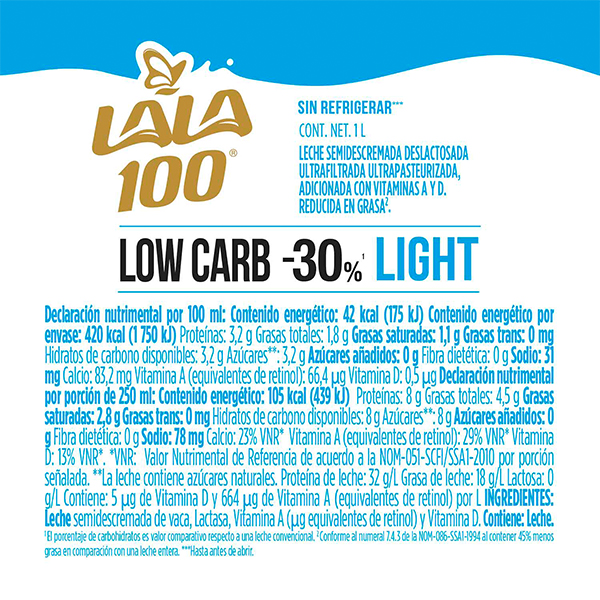 Leche sin lactosa low carb LALA 100 1L - 2