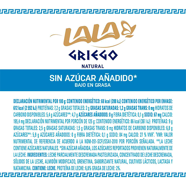 Yoghurt griego natural sin azúcar LALA 900g - 2